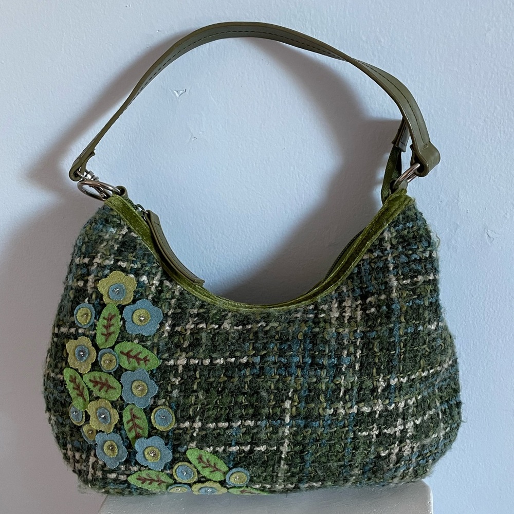 Sweet Soft Green Tweed Bag with Flowers Sewn on Purse in Corner - precious!